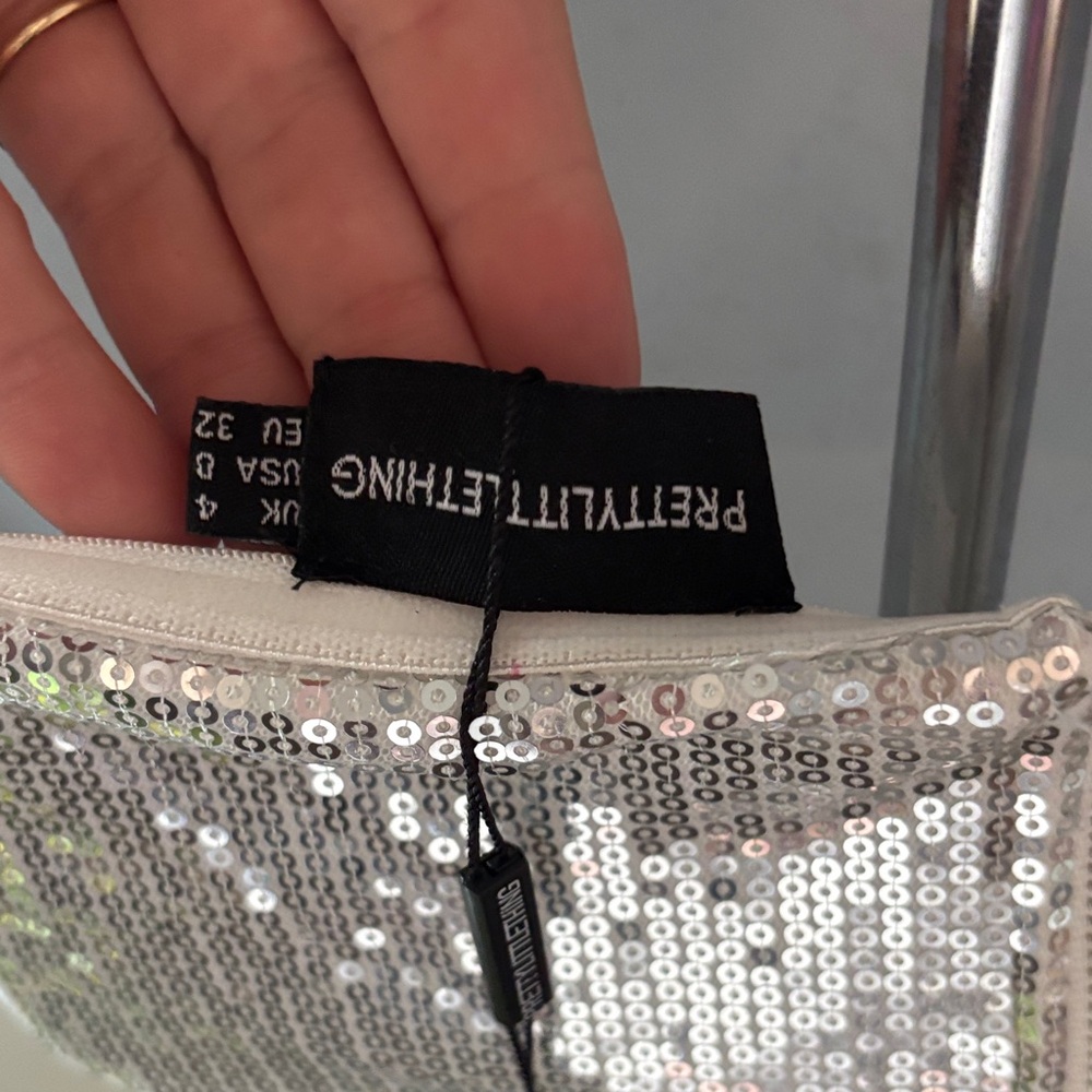 NWT PrettyLittleThing Silver Sequin Off-Shoulder Prom Dress - Picture 8 of 11